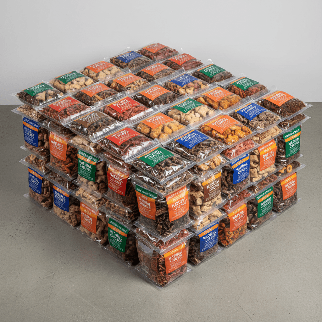 Bulk-packed pet snack packages ready for distribution